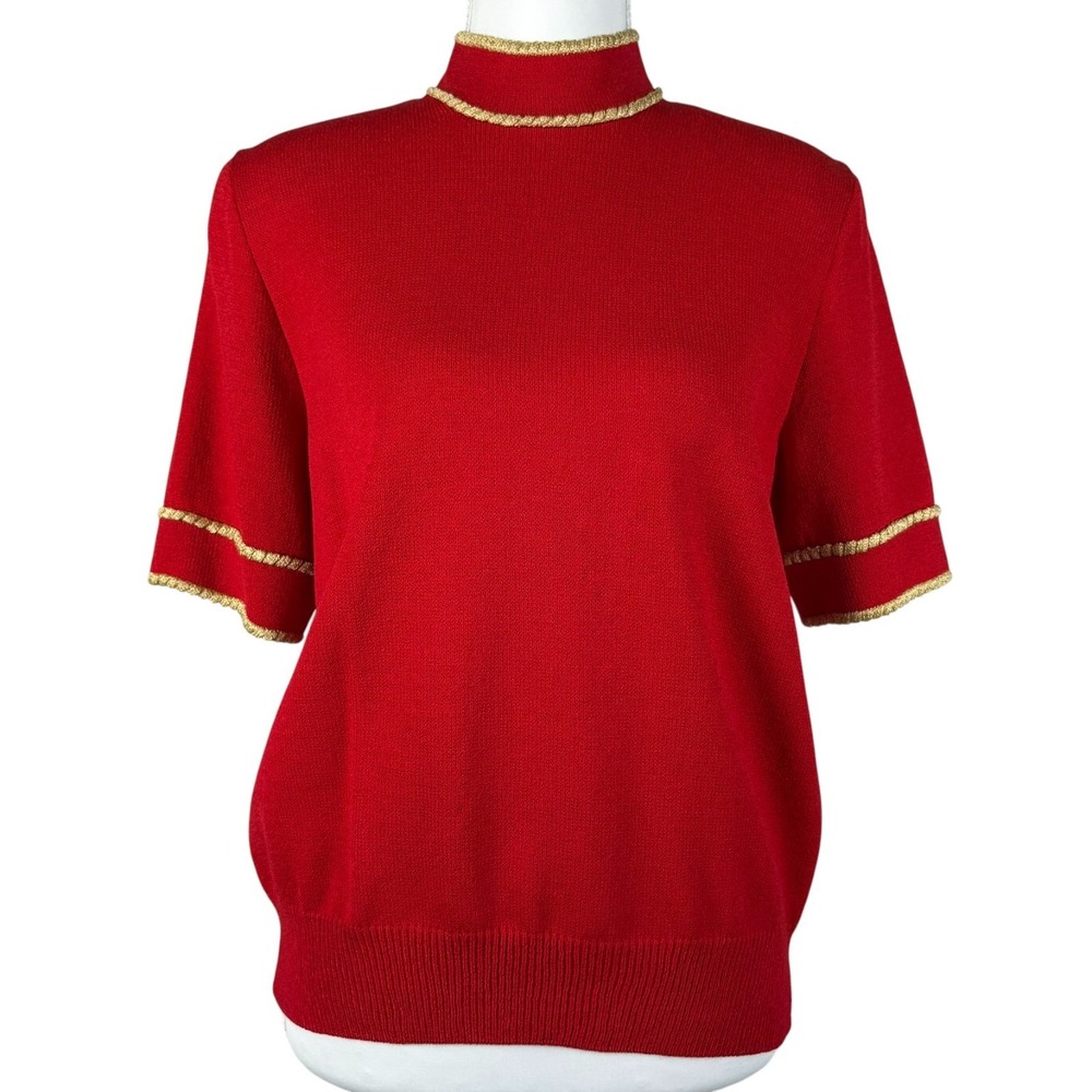 St John Santana Knit Sweater Top Womens S Short Sleeve Red Gold Wool Blend